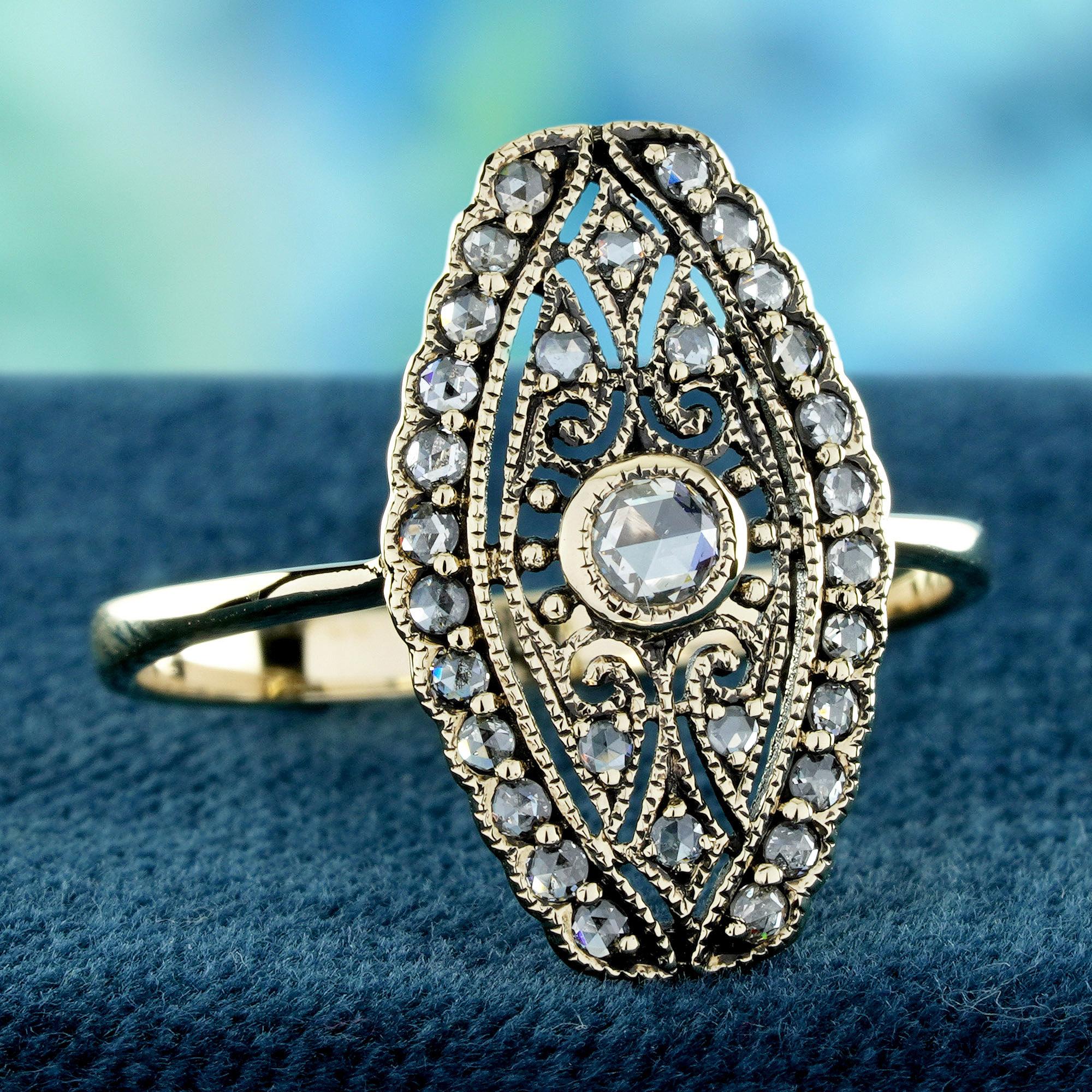 9K Gold Natürlicher Rosenschliff Diamant Vintage Style Filigran  Ring (Edwardian) im Angebot