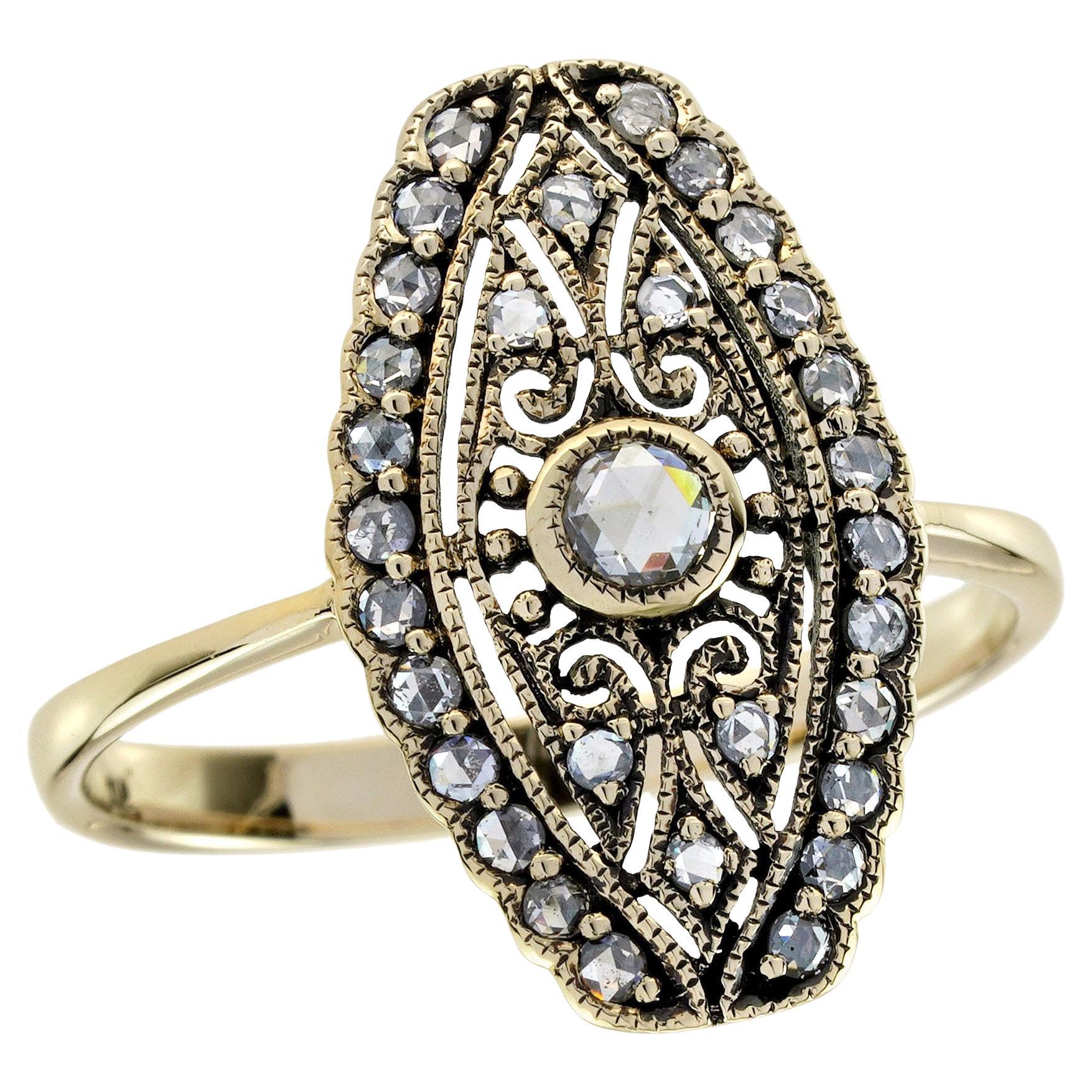 Or 9K Filigree Natural Rose Cut Diamond Vintage Style Bague