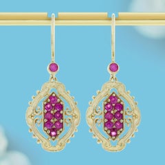 9K Gold Natural Ruby Cluster Vintage Style Drop Earrings