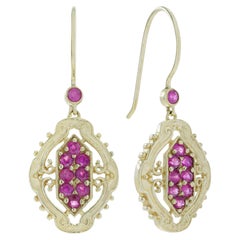 9K Gold Natural Ruby Cluster Vintage Style Drop Earrings