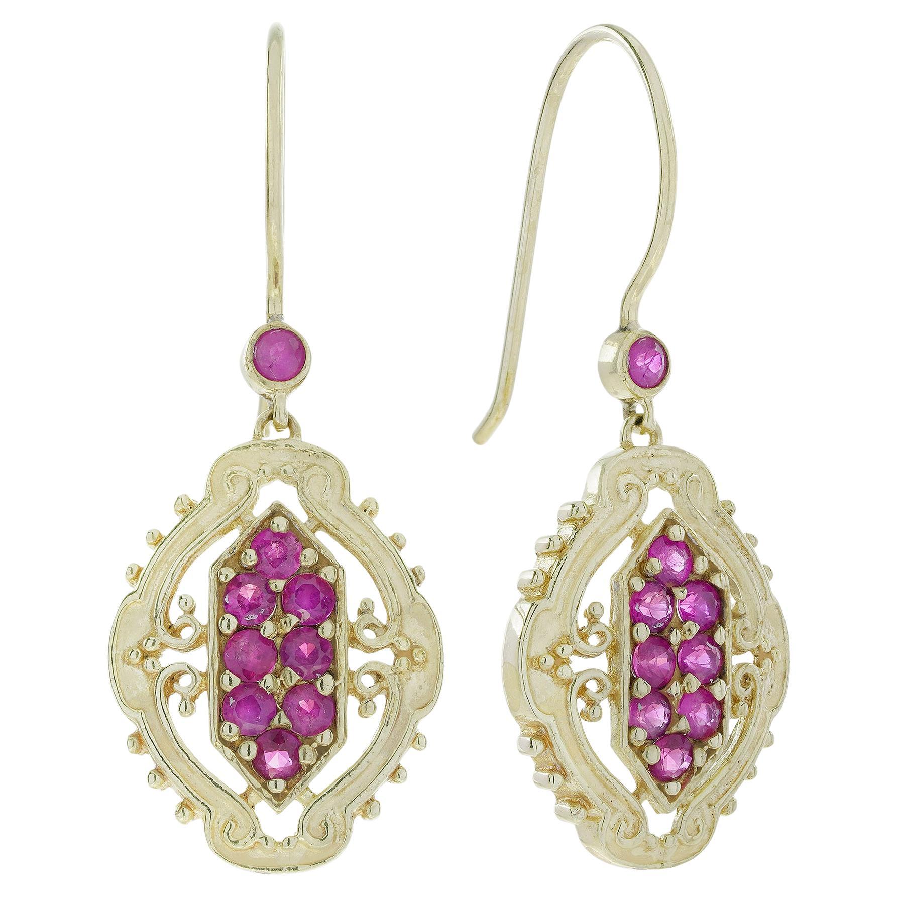 9K Gold Natural Ruby Cluster Vintage Style Drop Earrings