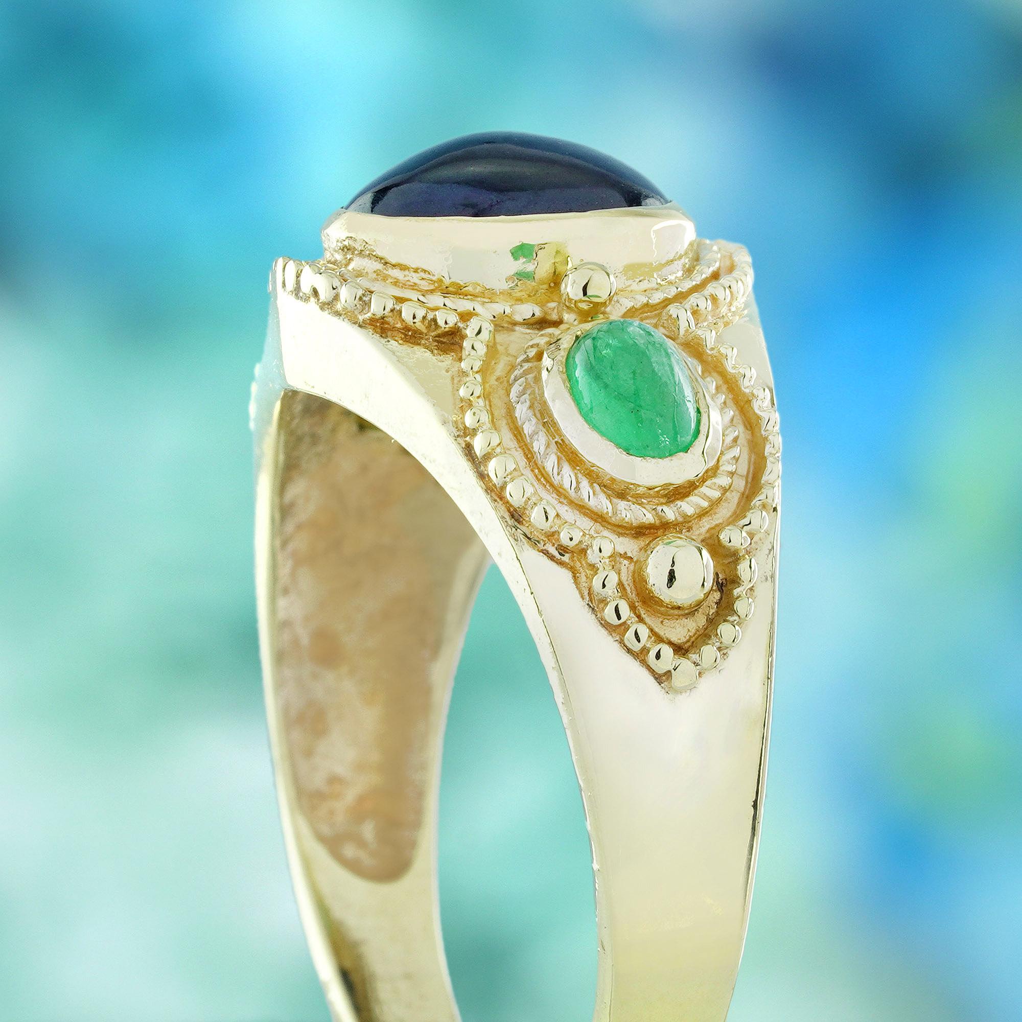 Donna Anello in oro 9K con zaffiro naturale cabochon e smeraldo cabochon in stile vintage in vendita