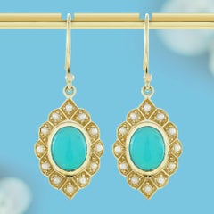 9K Gold Natural Turquoise and Pearl Art Deco Style Drop Earrings