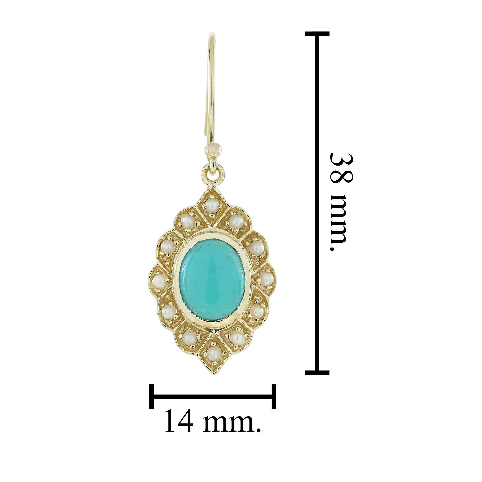 Boucles d'oreilles pendantes en or 9K avec turquoise naturelle et perles de style Art Déco Neuf - En vente à Bangkok, TH