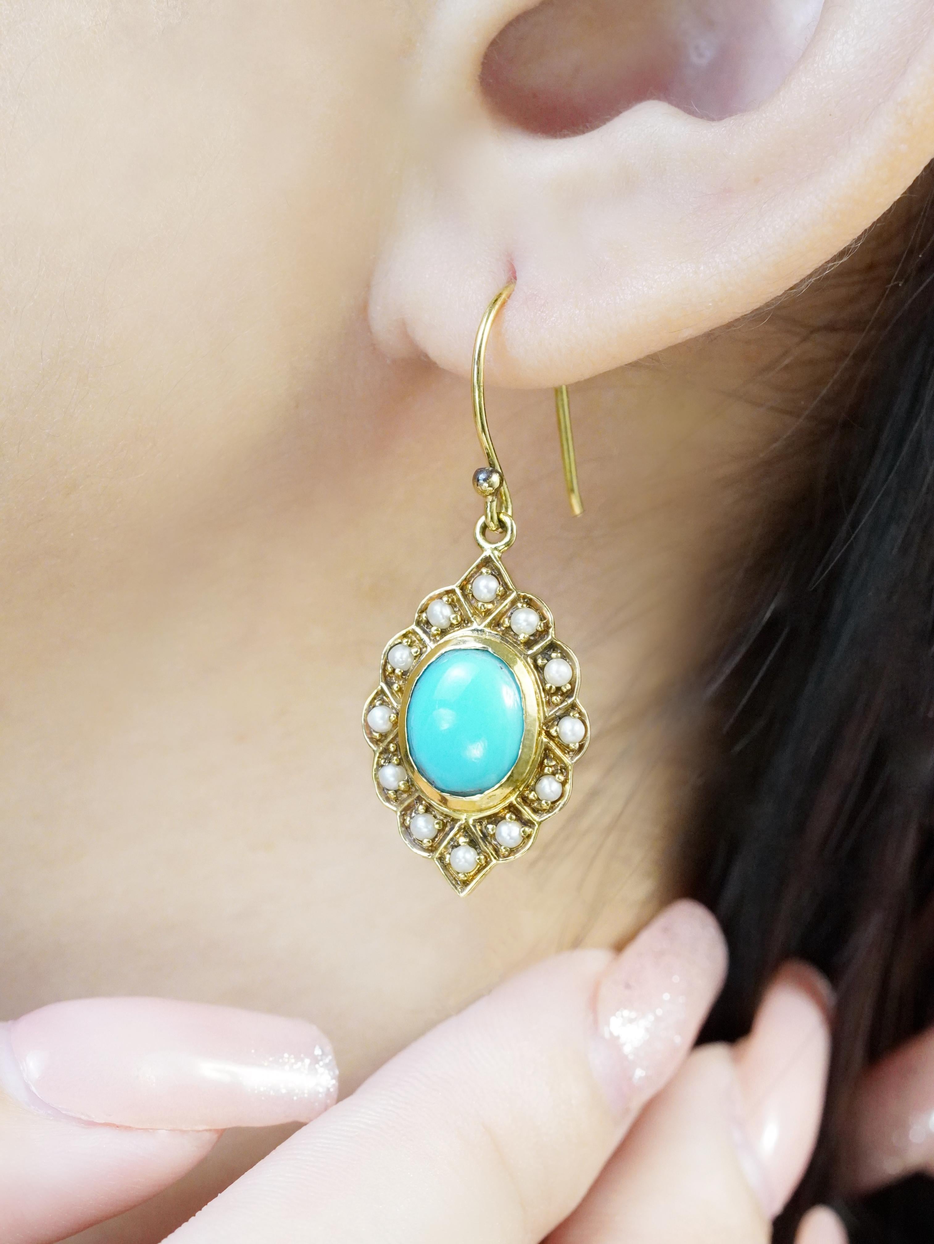 Boucles d'oreilles pendantes en or 9K avec turquoise naturelle et perles de style Art Déco en vente 2