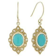 Orecchini a goccia in oro 9K con turchese naturale e perle in stile Art Deco