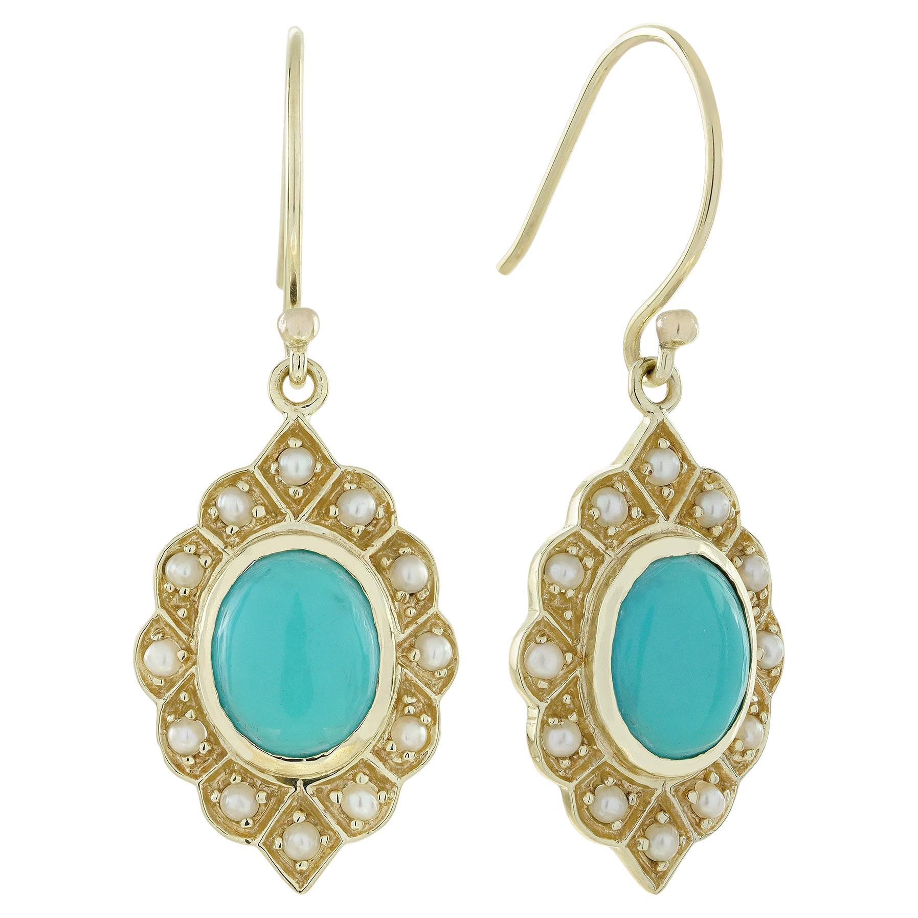 Boucles d'oreilles pendantes en or 9K avec turquoise naturelle et perles de style Art Déco