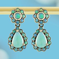 9K Gold Opal Vintage Style Floral Blooming Dangle Earrings