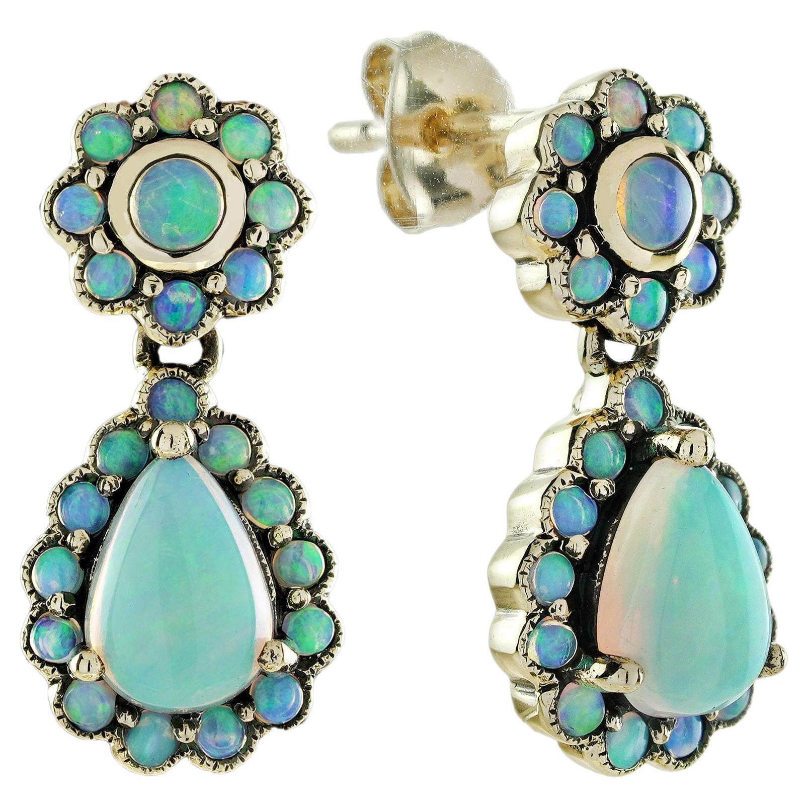 9K Gold Opal Vintage Style Floral Blooming Dangle Earrings
