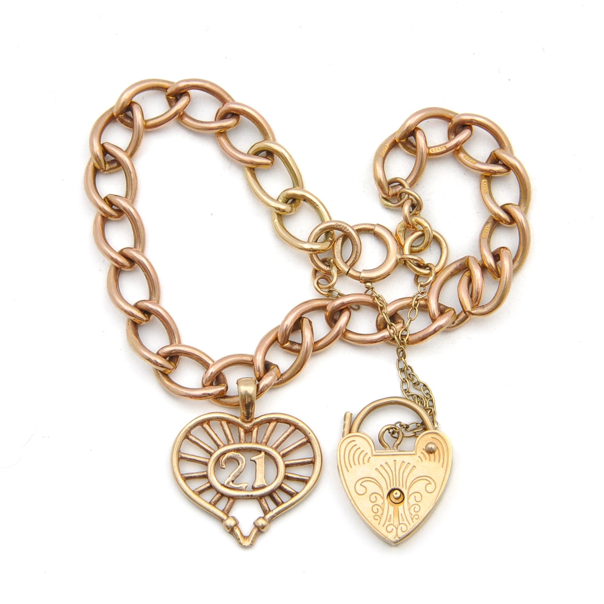 Women's or Men's Vintage 9ct Rose Gold Padlock Heart Charm Curb Bracelet For Sale