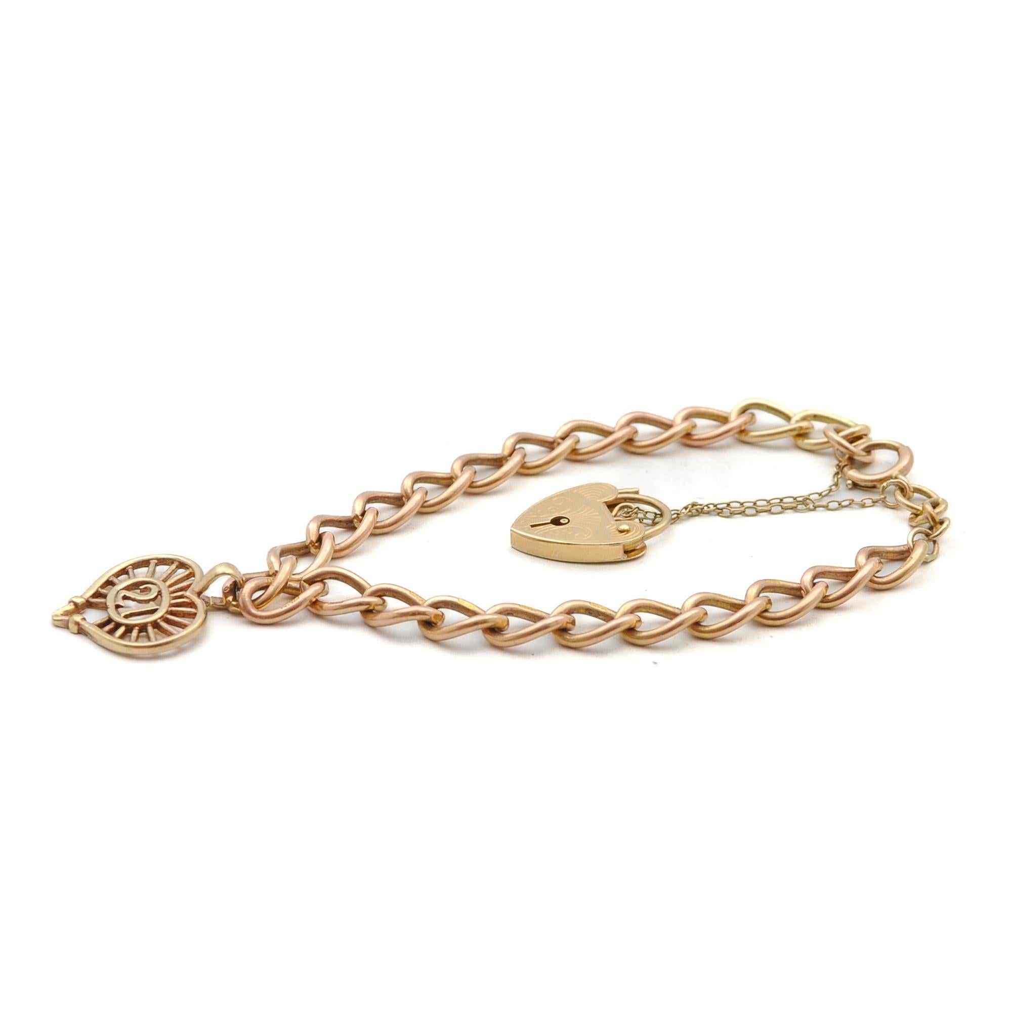 Vintage 9ct Rose Gold Padlock Heart Charm Curb Bracelet For Sale 1