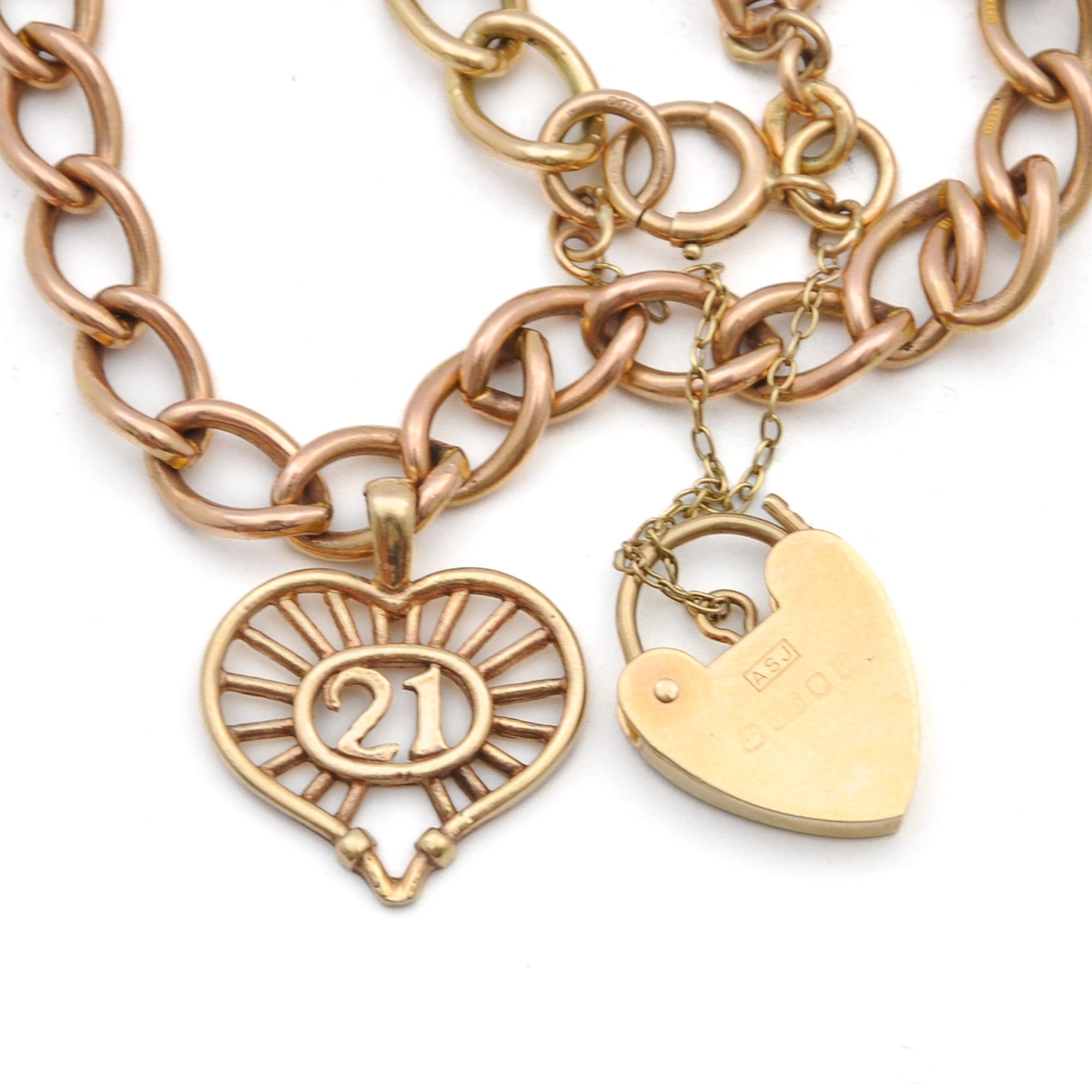 Vintage 9ct Rose Gold Padlock Heart Charm Curb Bracelet For Sale 2