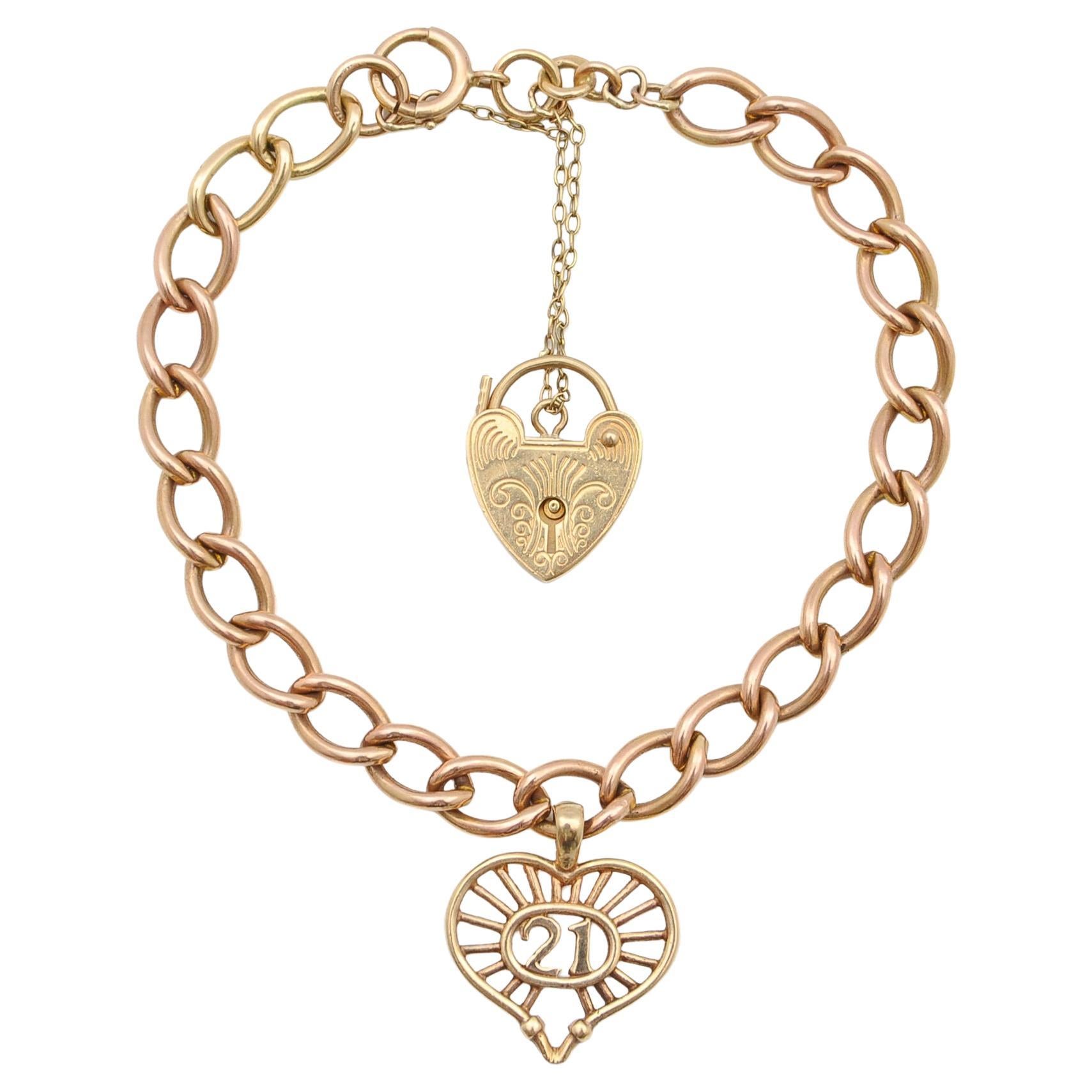 Vintage 9ct Rose Gold Padlock Heart Charm Curb Bracelet