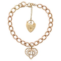 Bracelet vintage en or rose 9 carats à breloques en forme de cœur