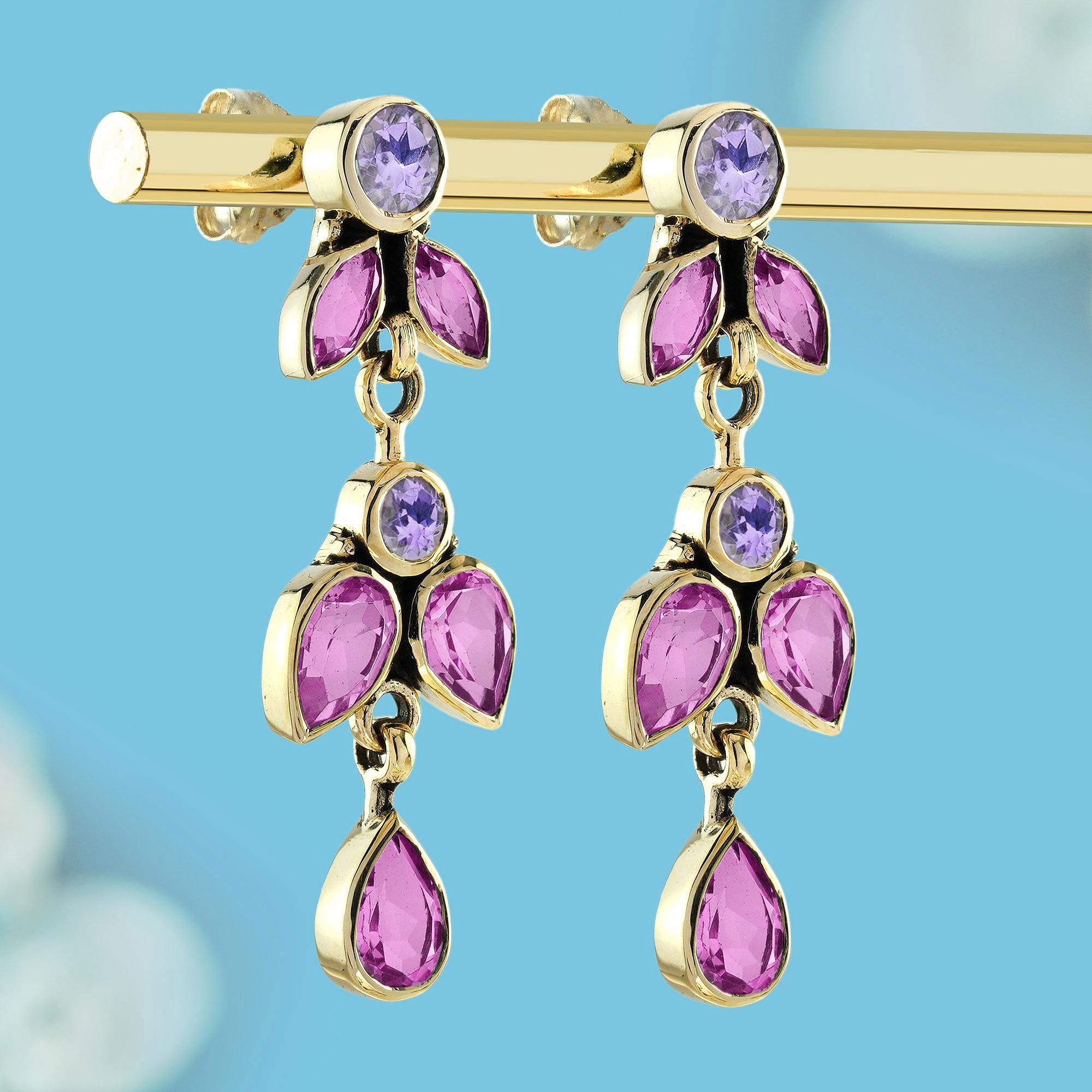 Edwardian 9K Gold Pink Amethyst and Ruby Vintage Style Butterfly Earrings For Sale