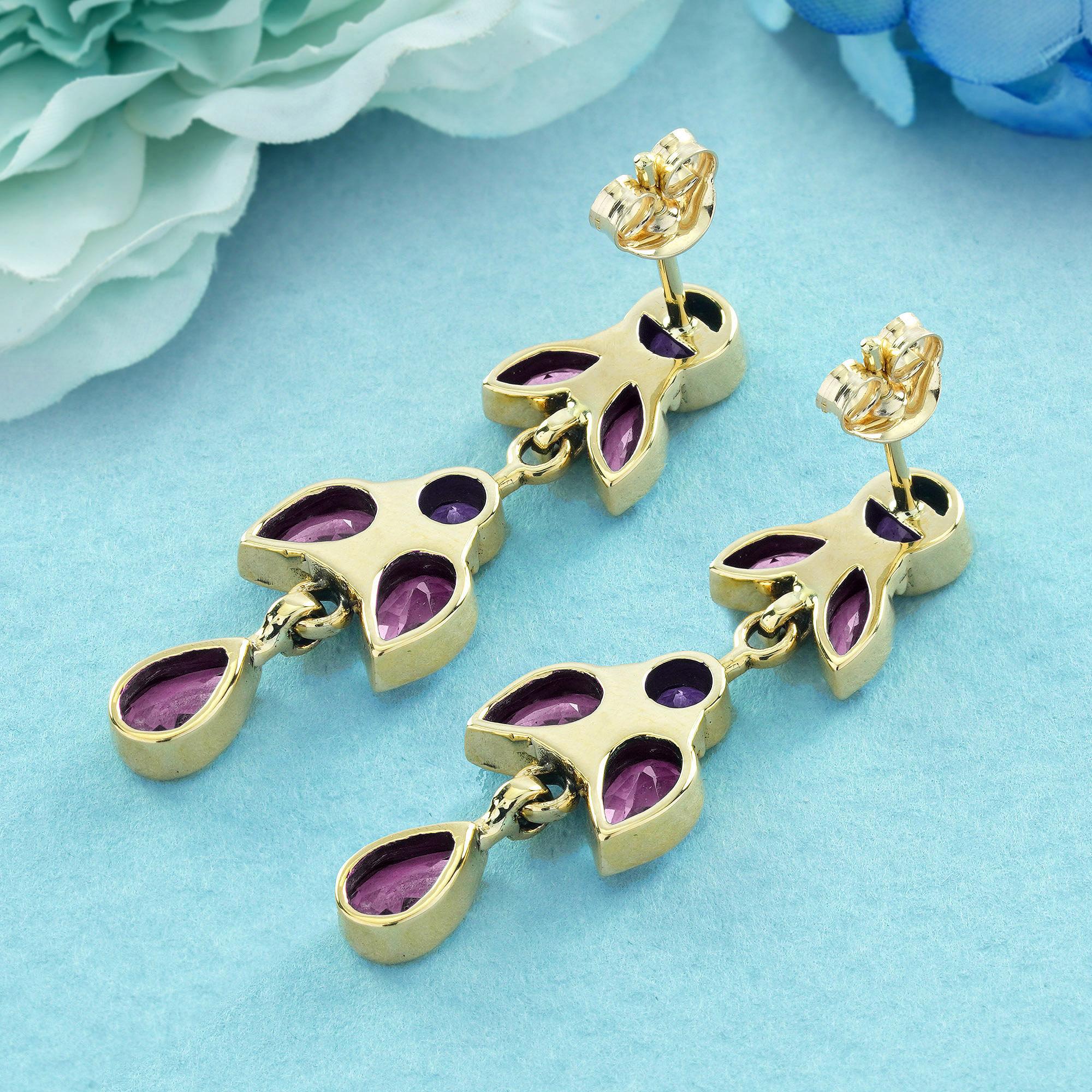 Round Cut 9K Gold Pink Amethyst and Ruby Vintage Style Butterfly Earrings For Sale