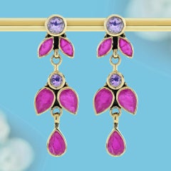 9K Gold Pink Amethyst and Ruby Vintage Style Butterfly Earrings