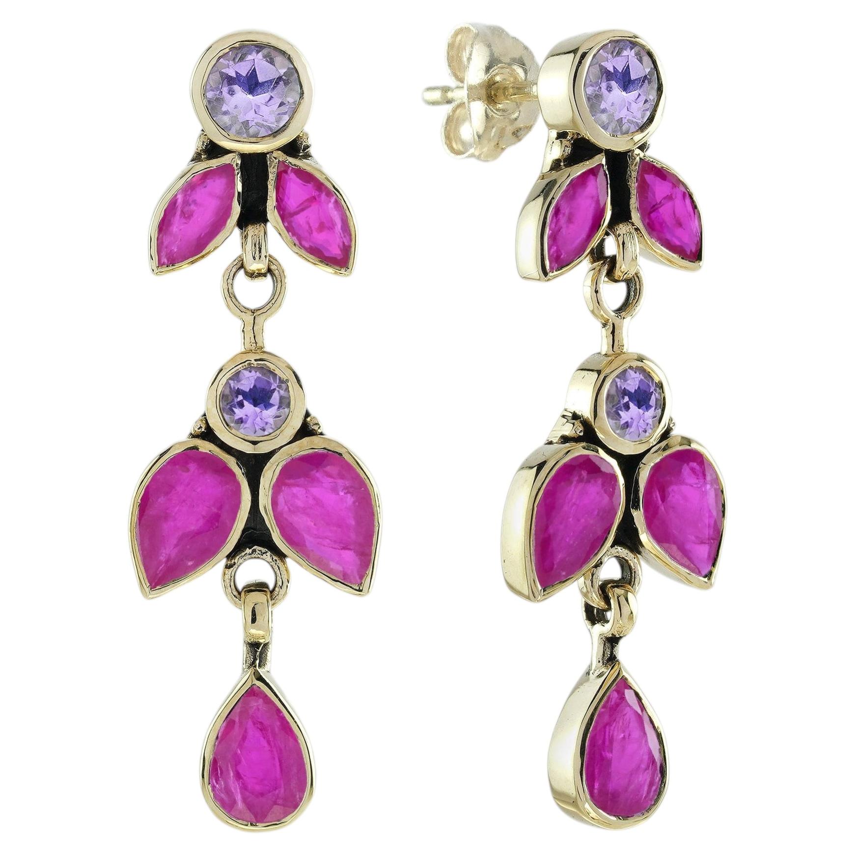 9K Gold Pink Amethyst and Ruby Vintage Style Butterfly Earrings