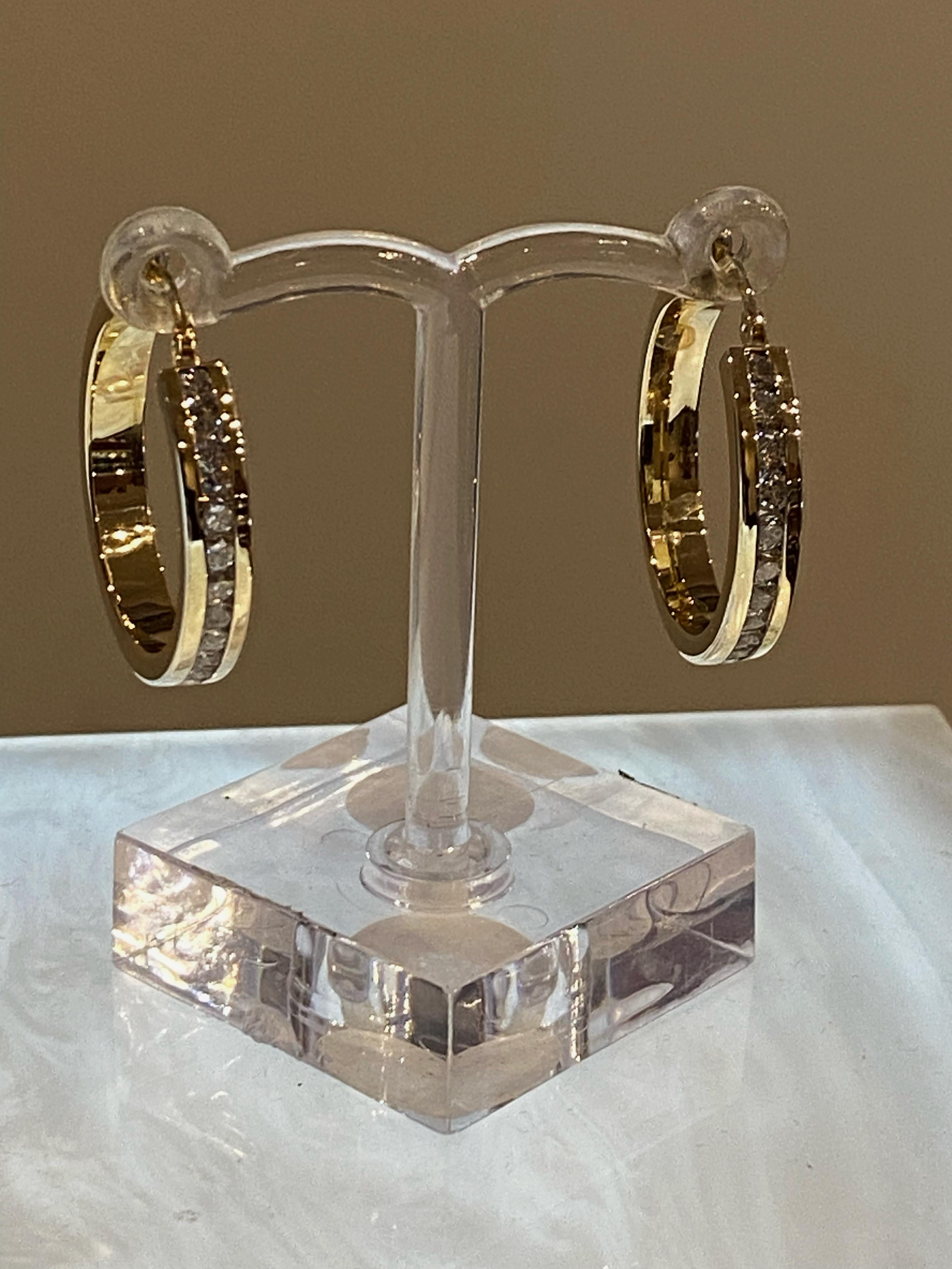 Round Cut 9K Gold-Plated 925 Silver & CZ Half Hoop Earrings, Saddle Backs, 25mm long. For Sale