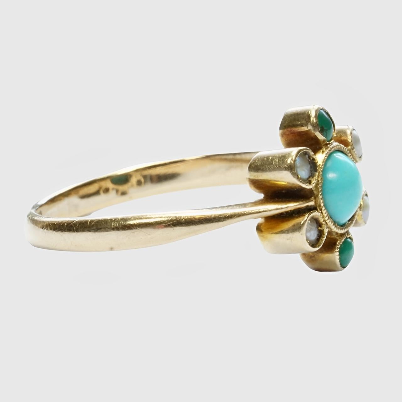 Anello in oro 9K con perle di semi naturali, turchese e pietre verdi In condizioni buone in vendita a London, GB