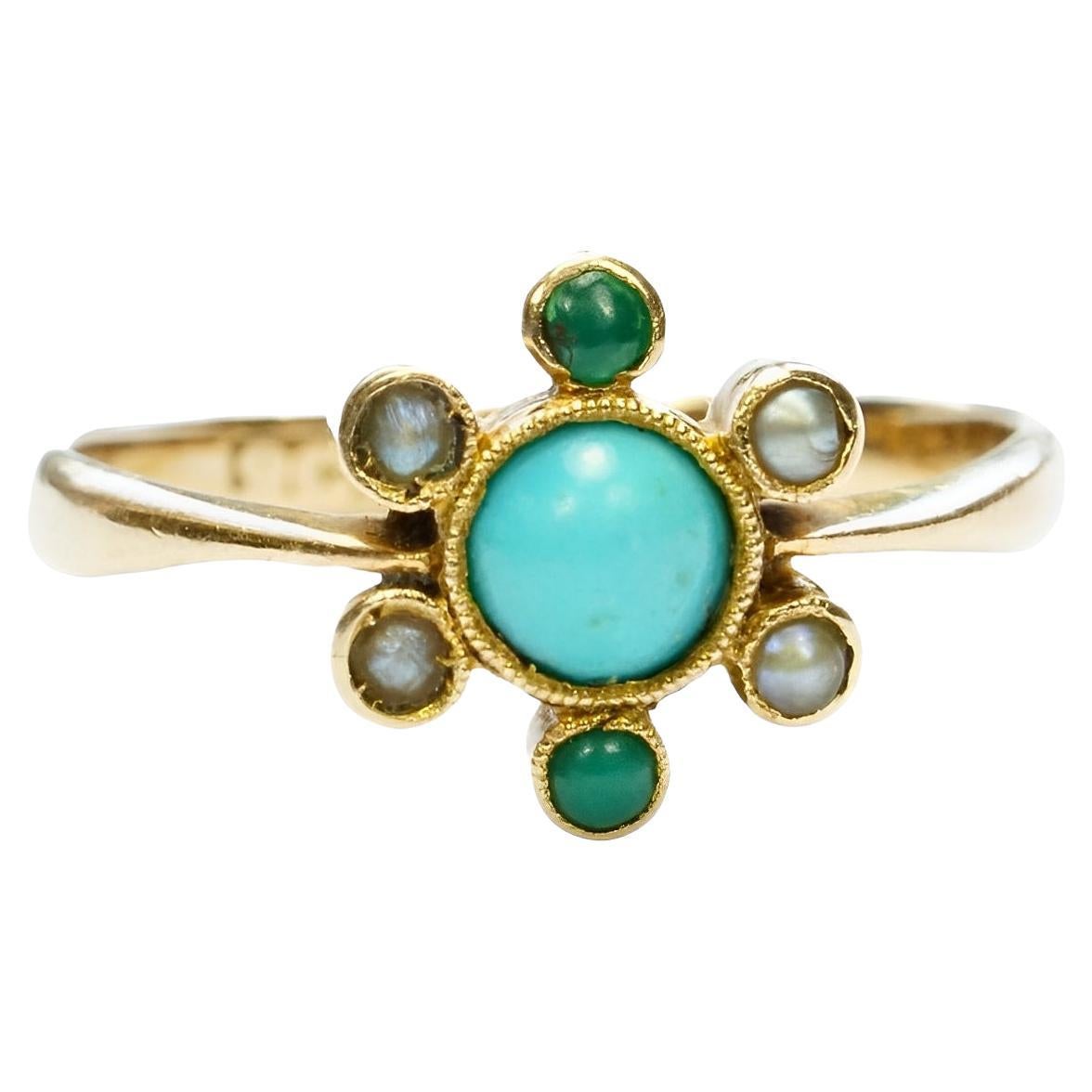 9K Gold Ring with Natural Seed Pearls, Turquoise and Green Stones