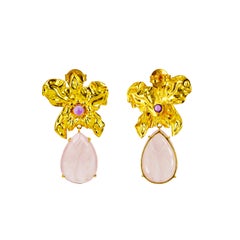 9K Gold Rose Quartz and Amethyst Flower Statement Earrings with Screw Backs