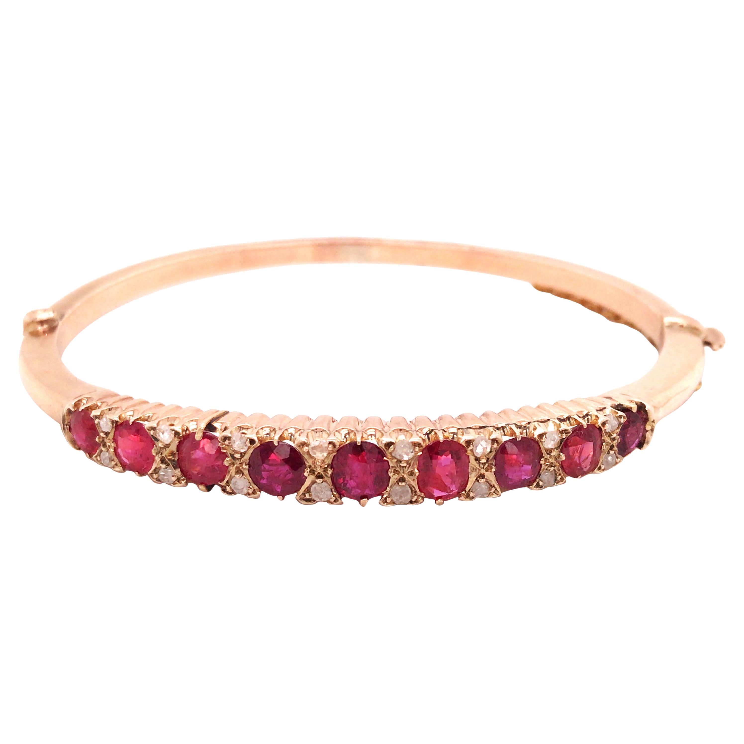 9K Gold Ruby Diamond Bangle, GIA