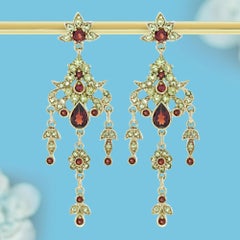 Pendientes de oro macizo de 9 quilates granate peridoto estilo victoriano con forma de araña floral