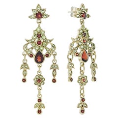 Pendientes de oro macizo de 9 quilates granate peridoto estilo victoriano con forma de araña floral
