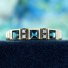 9K Gold Solid London Blue Topaz and Diamond Vintage Style Three Stone Ring