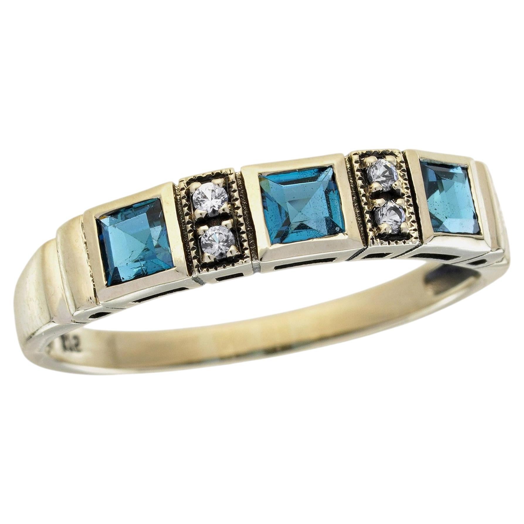 Bague à trois pierres en or massif 9K de Londres, topaze bleue et diamant, de style vintage