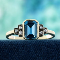9K Gold Solid London Blue Topaz White Sapphire Art Deco Style Engagement Ring