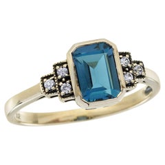 9K Gold Solid London Blue Topaz White Sapphire Art Deco Style Engagement Ring