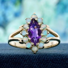 9K Gold Solid Natural Amethyst and Opal Vintage Style Marquise Floral Ring