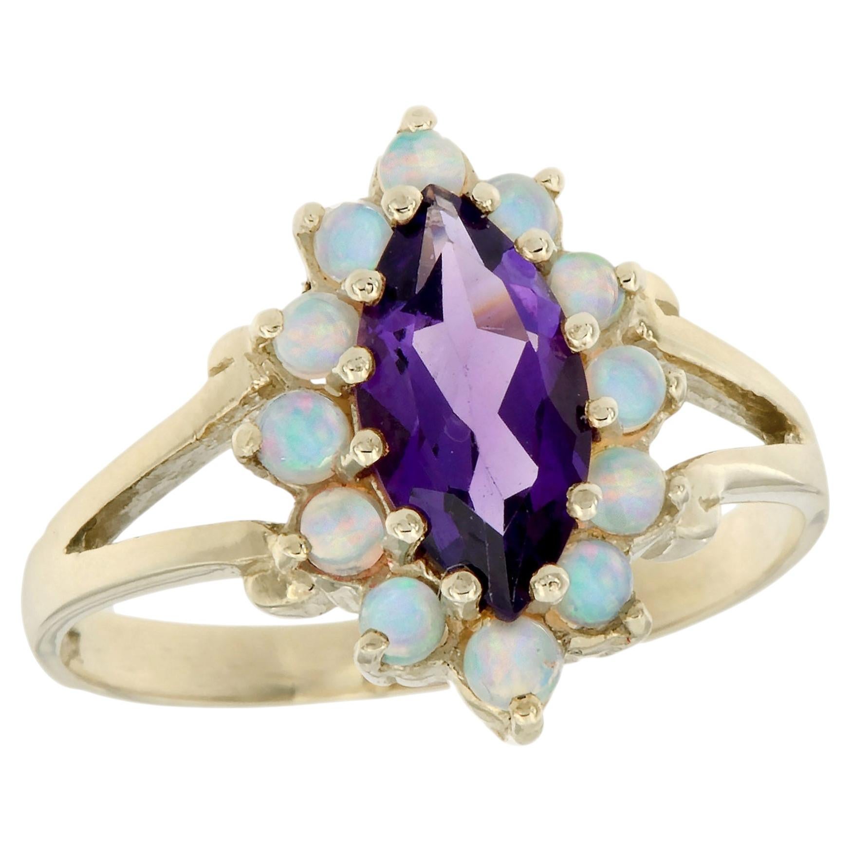 9K Gold Solid Natural Amethyst and Opal Vintage Style Marquise Floral Ring For Sale