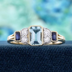 9K Gold Solid Natural Blue Topaz Sapphire Diamond Vintage Style Three Stone Ring