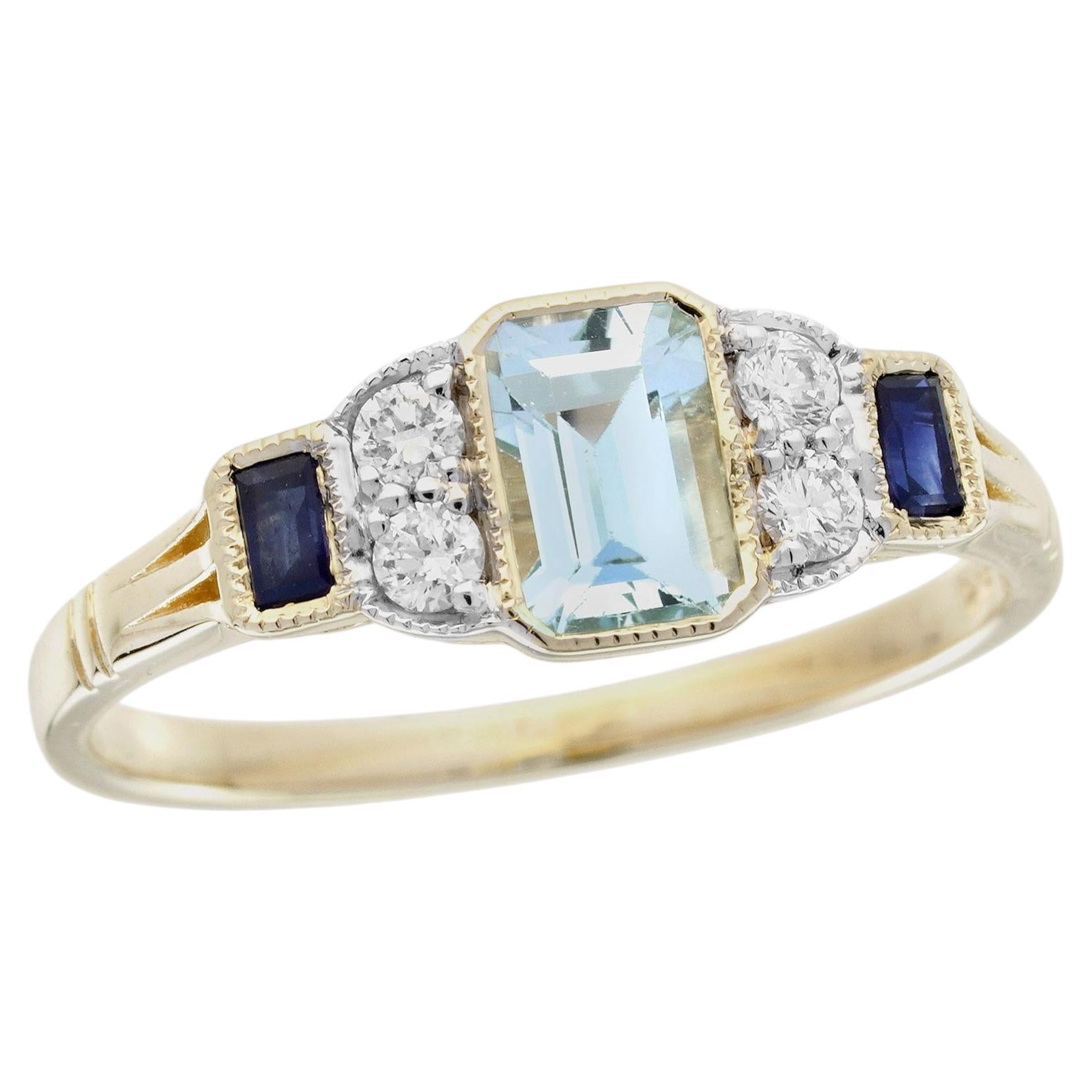 9K Gold Solid Natural Blue Topaz Sapphire Diamond Vintage Style Three Stone Ring For Sale