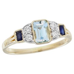 9K Gold Solid Natural Blue Topaz Sapphire Diamond Vintage Style Three Stone Ring
