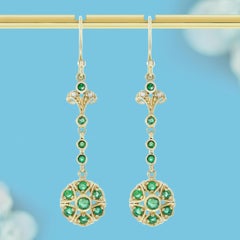 Boucles d'oreilles pendantes en or massif 9K avec émeraude naturelle et perle, style vintage et floral