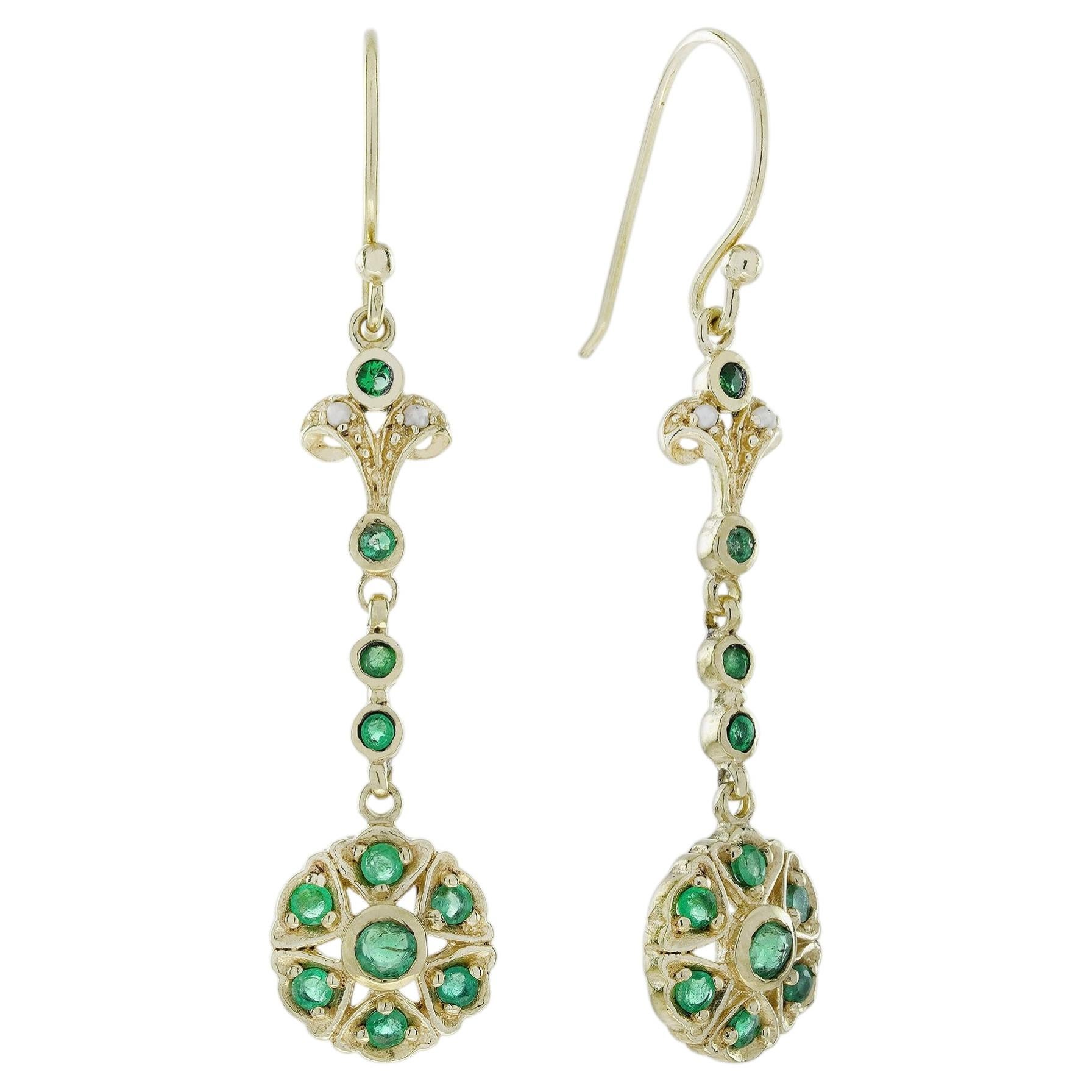 9K Gold Solid Natural Emerald and Pearl Vintage Style Floral Drop Earrings