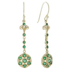 Boucles d'oreilles pendantes en or massif 9K avec émeraude naturelle et perle, style vintage et floral