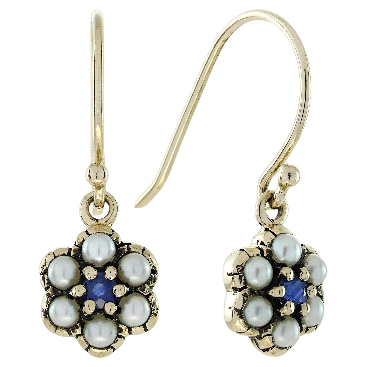 Boucles d'oreilles en or 9K massif saphir naturel et perle style Vintage Cluster Floral