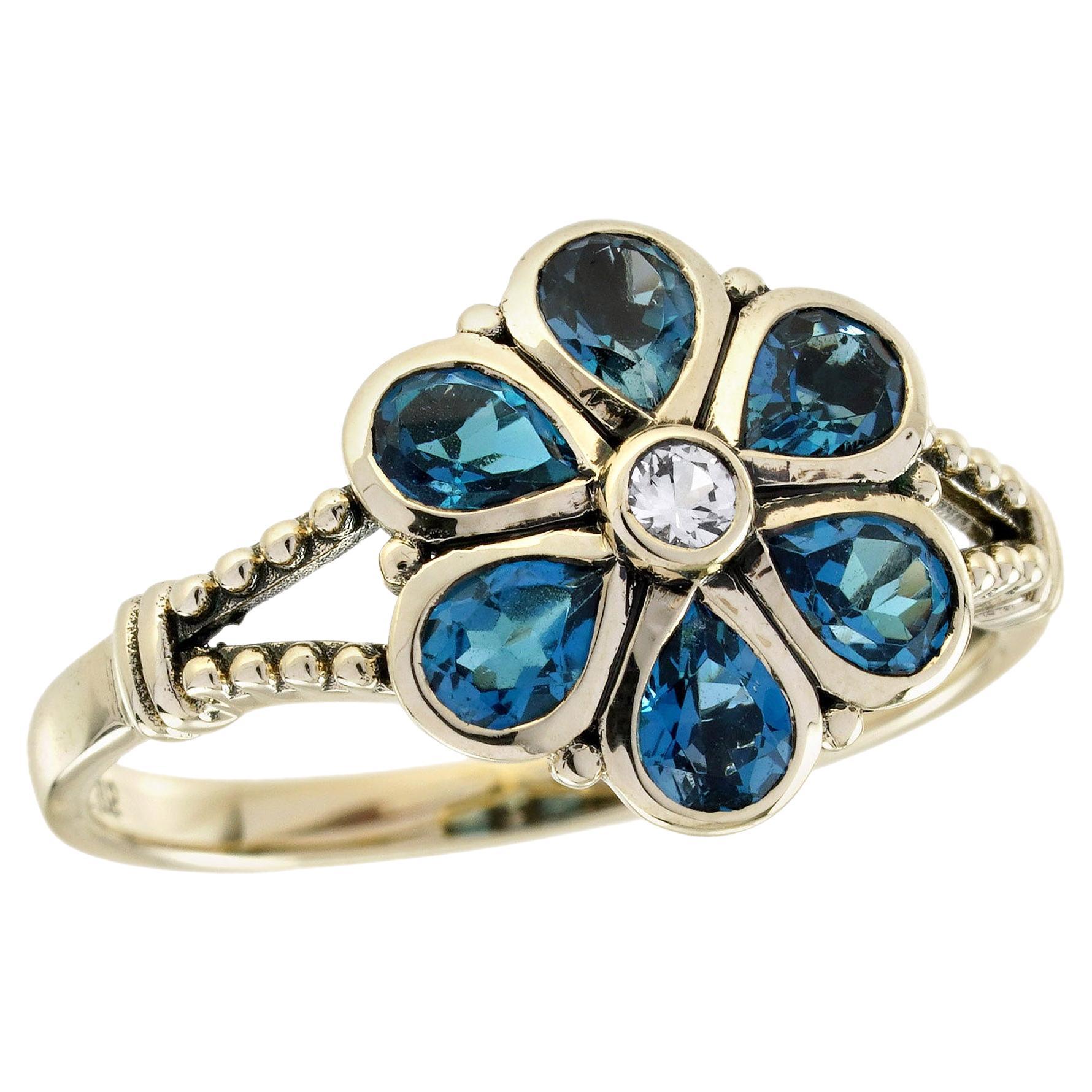 9K Gold Solid White Sapphire and London Blue Topaz Vintage Style Floral Ring