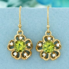 9K Gold MassivNatürliche Peridot und Perle Vintage Style Floral Drop Ohrringe