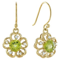 9K Gold MassivNatürliche Peridot und Perle Vintage Style Floral Drop Ohrringe