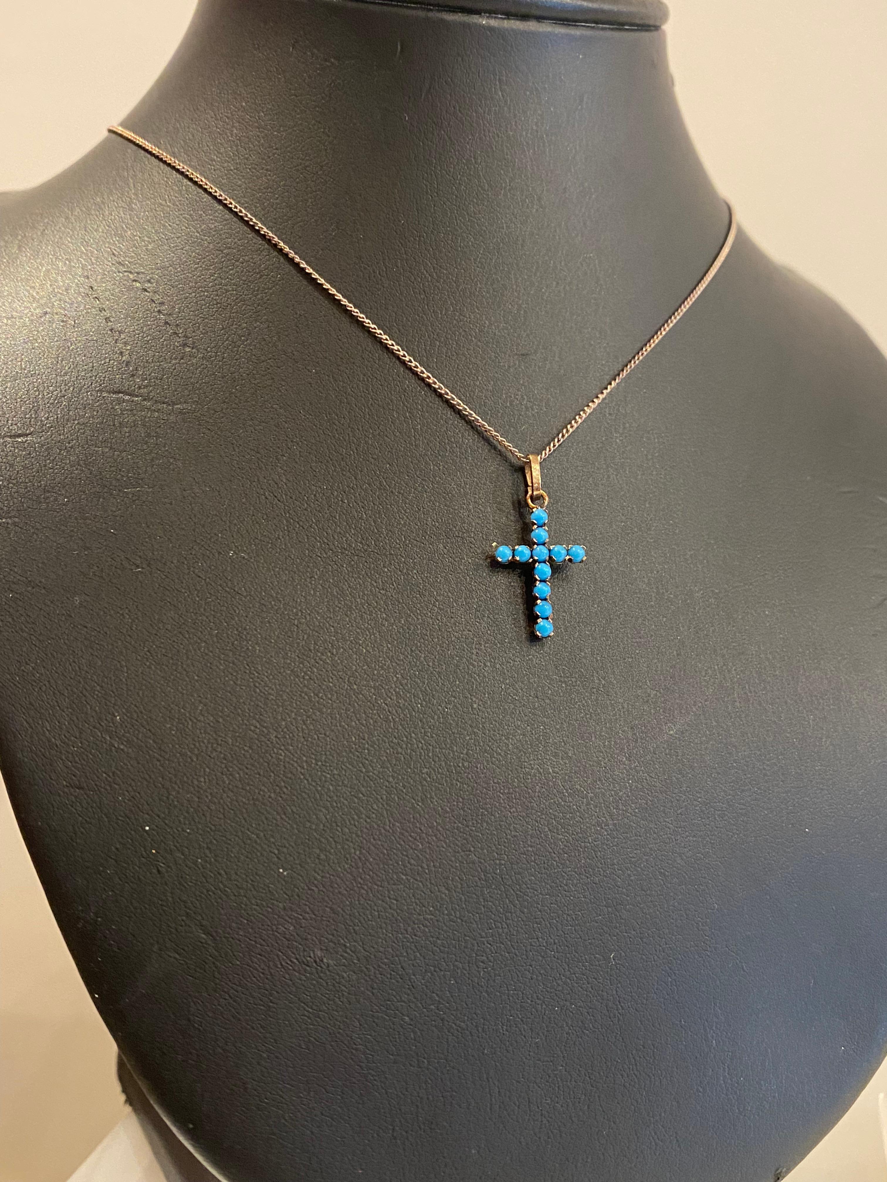 Retro 9K Gold Turquoise Cross / Crucifix Vintage Pendant on Sterling Silver Chain For Sale