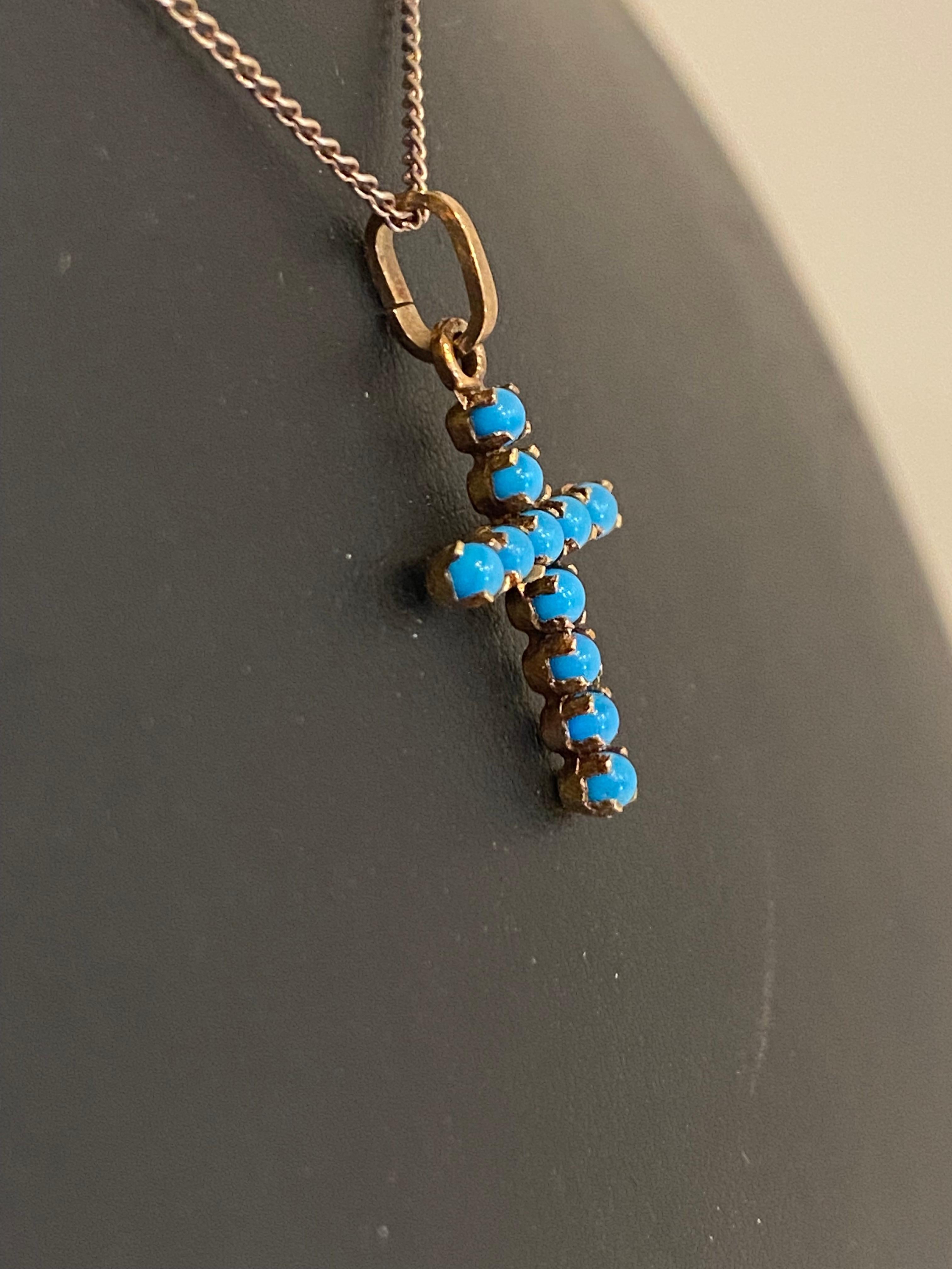 Women's 9K Gold Turquoise Cross / Crucifix Vintage Pendant on Sterling Silver Chain For Sale