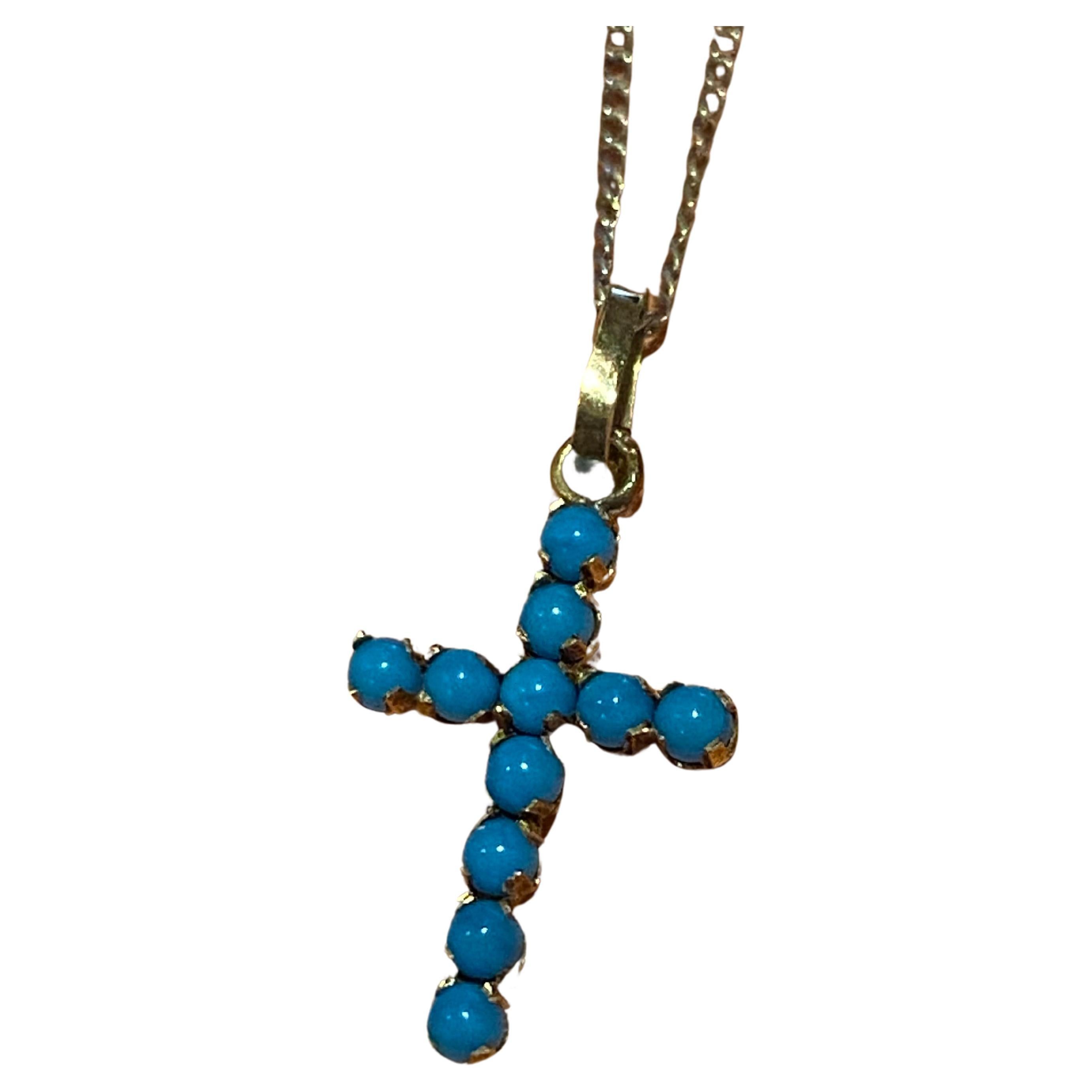 9K Gold Turquoise Cross / Crucifix Vintage Pendant on Sterling Silver Chain For Sale