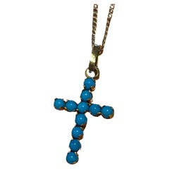 9K Gold Turquoise Cross / Crucifix Retro Pendant on Sterling Silver Chain
