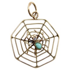 9K Gold Victorian Spider Pendant with Turquoise and Pearl